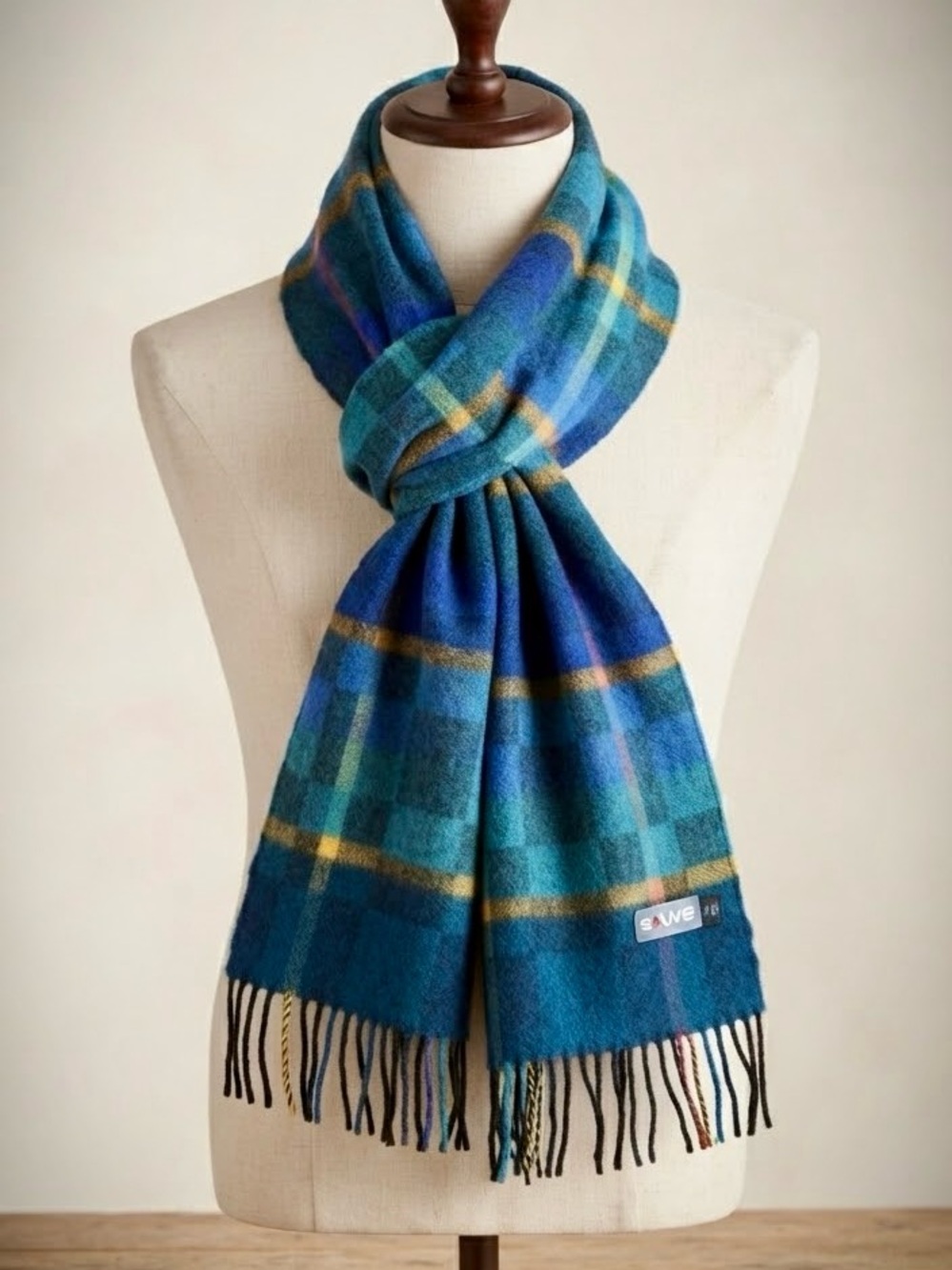 Sauve 100% Wool Blue Plaid Fringe Winter Scarf